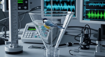 Pájaro dentro de un embudo de Emlen transparente con marcas. Entorno de laboratorio con instrumentos y monitores que muestran ondas.