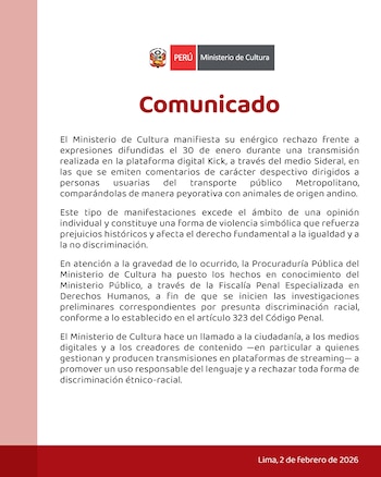 Comunicado del Mincul