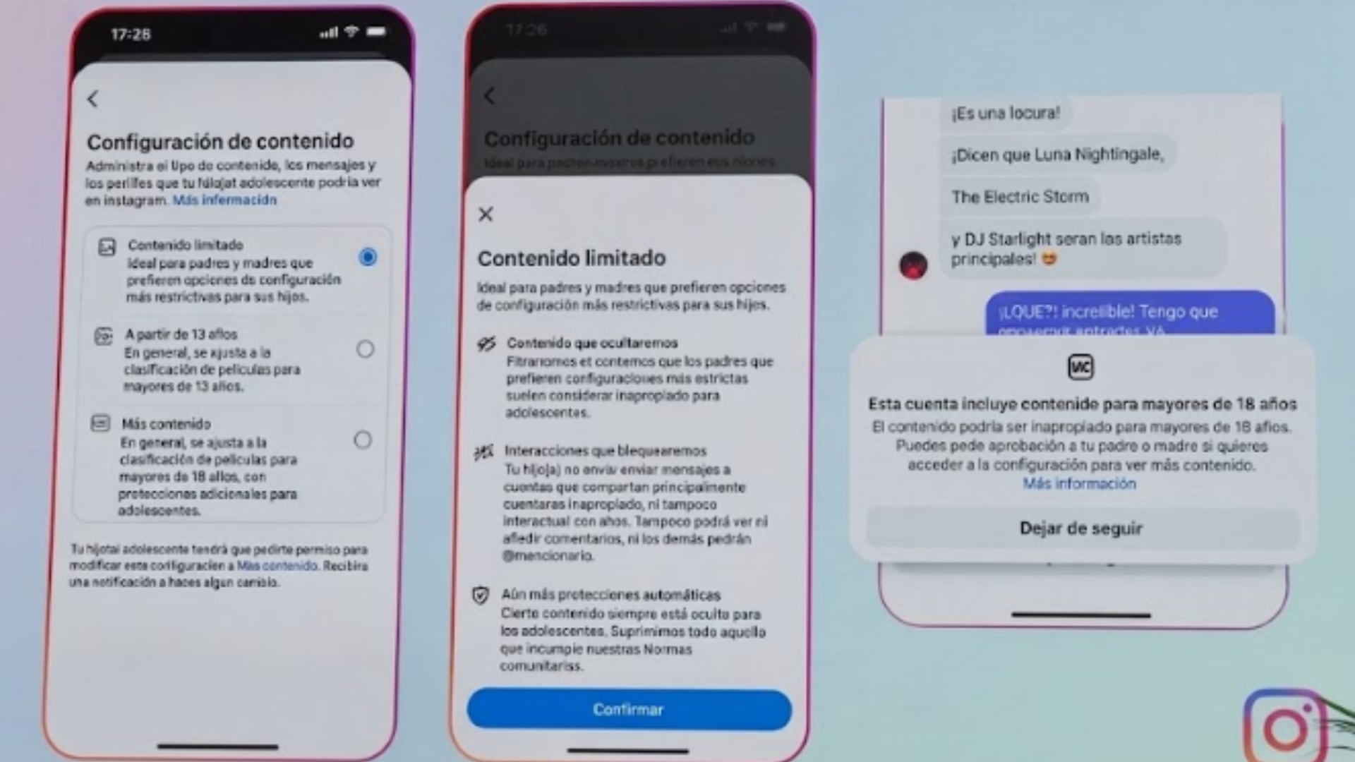 Las pantallas de un teléfono inteligente muestran los ajustes de supervisión parental e interacción para adolescentes en la plataforma Instagram. (Meta)