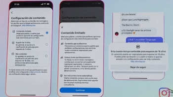 Tres pantallas de teléfono móvil con el menú de configuración de contenido para adolescentes y avisos de restricción de edad en Instagram