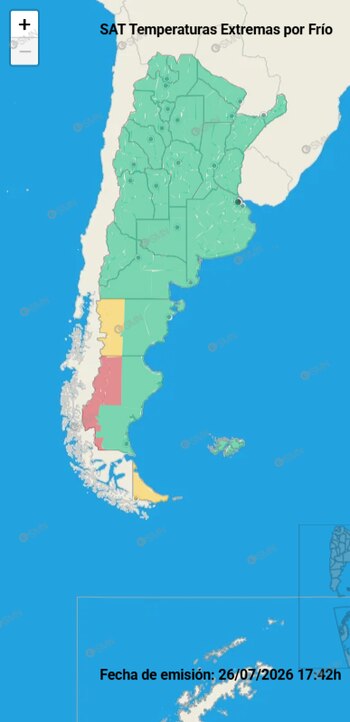 Mapa de Argentina con divisiones provinciales en color verde, amarillo y rojo. Título 'SAT Temperaturas Extremas por Frío'. Fecha de emisión: 26/07/2026 17:42h