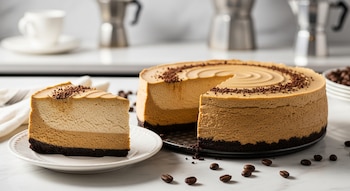 Un cheesecake de café con una rebanada separada en un plato blanco, rodeado de granos de café. Al fondo, cafeteras y una taza blanca.