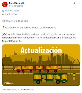 En el centro de Bogotá continúa el desvió de los vehículos y el contraflujo - crédito @transmilenio / X