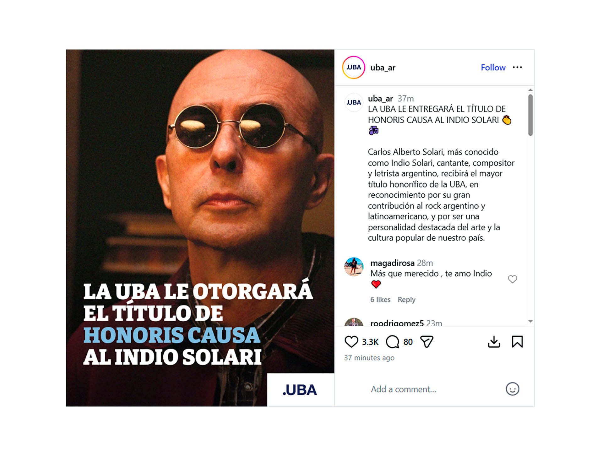 El anuncio de la UBA acerca del galardón al Indio Solari (@uba_ar)