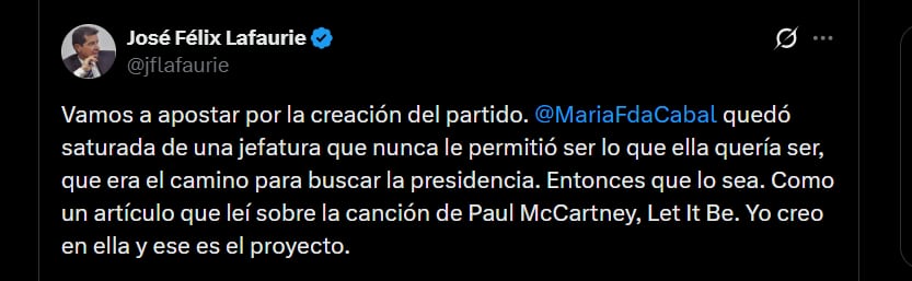José Félix Lafaurie aseguró que cree en María Fernanda Cabal y en el proyecto político que viene impulsando - crédito @jflafaurie/X