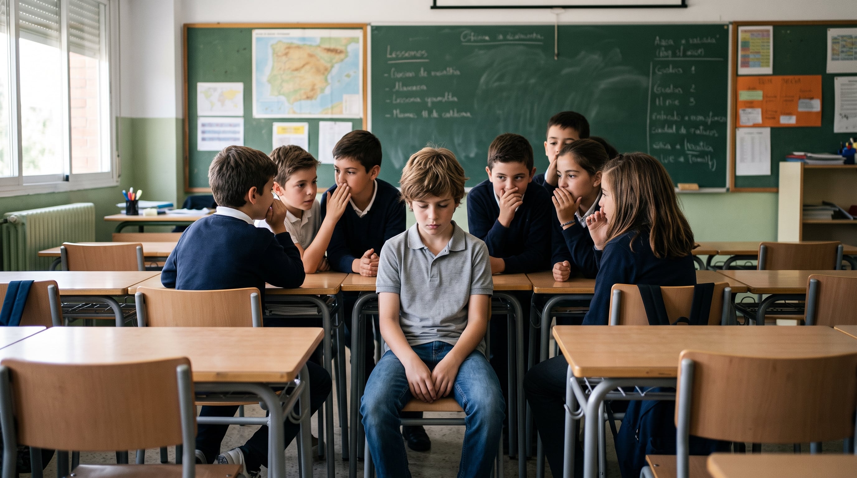 Un estudiante permanece sentado en solitario con la mirada baja mientras otros alumnos conversan a su alrededor en un aula escolar. (Imagen Ilustrativa Infobae)