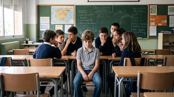 Un niño sentado solo con la cabeza baja en un aula mientras varios estudiantes susurran en grupo a sus espaldas.