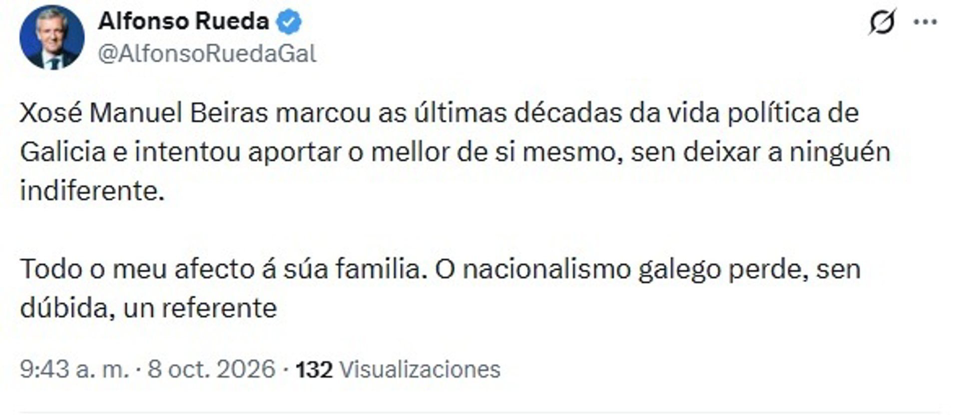 08/10/2026 Mensaje publicado por el presidente de la Xunta, Alfonso Rueda, tras el fallecimiento del histórico nacionalista Xosé Manuel BeirasPOLITICA ESPAÑA EUROPA GALICIA AUTONOMÍASCAPUTURA /EP
