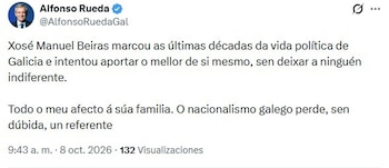08/10/2026 Mensaje publicado por el presidente de la Xunta, Alfonso Rueda, tras el fallecimiento del histórico nacionalista Xosé Manuel Beiras
POLITICA ESPAÑA EUROPA GALICIA AUTONOMÍAS
CAPUTURA /EP