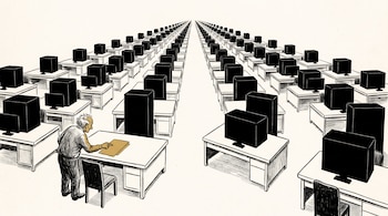 Dibujo en perspectiva de hileras de escritorios con bloques negros, y un hombre mayor inclinado sobre una mesa con un papel en primer plano.