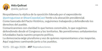 Aida Quilcué respaldó públicamente la postura del Pacto Histórico y defendió el carácter político de la réplica - crédito @aida_quilcue/X