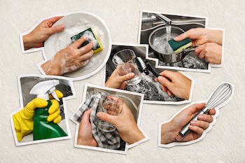 Collage de primeros planos de manos limpiando platos, ollas, vasos y sosteniendo un rociador y un batidor, sobre papel texturizado con bordes blancos.