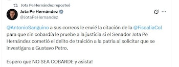 Jota Pe Hernández endureció su confrontación política con el ministro de Trabajo, Antonio Sanguino, tras exigir su comparecencia ante la Fiscalía para sustentar una acusación por presunta traición a la patria - crédito @JotaPeHernandez/X