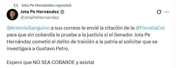 Jota Pe Hernández endureció su confrontación política con el ministro de Trabajo, Antonio Sanguino, tras exigir su comparecencia ante la Fiscalía para sustentar una acusación por presunta traición a la patria - crédito @JotaPeHernandez/X