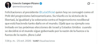 Ernesto Samper felicitó al dirigente brasileño y calificó su victoria como un triunfo de la libertad, la igualdad y la soberanía frente al neoliberalismo - crédito @ernestosamperp/X