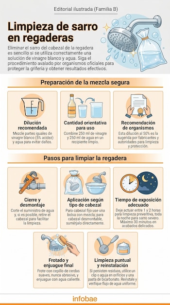 Infografía con ilustraciones que detallan cómo limpiar el sarro de una regadera usando vinagre. Muestra herramientas, mezclas y pasos de aplicación.