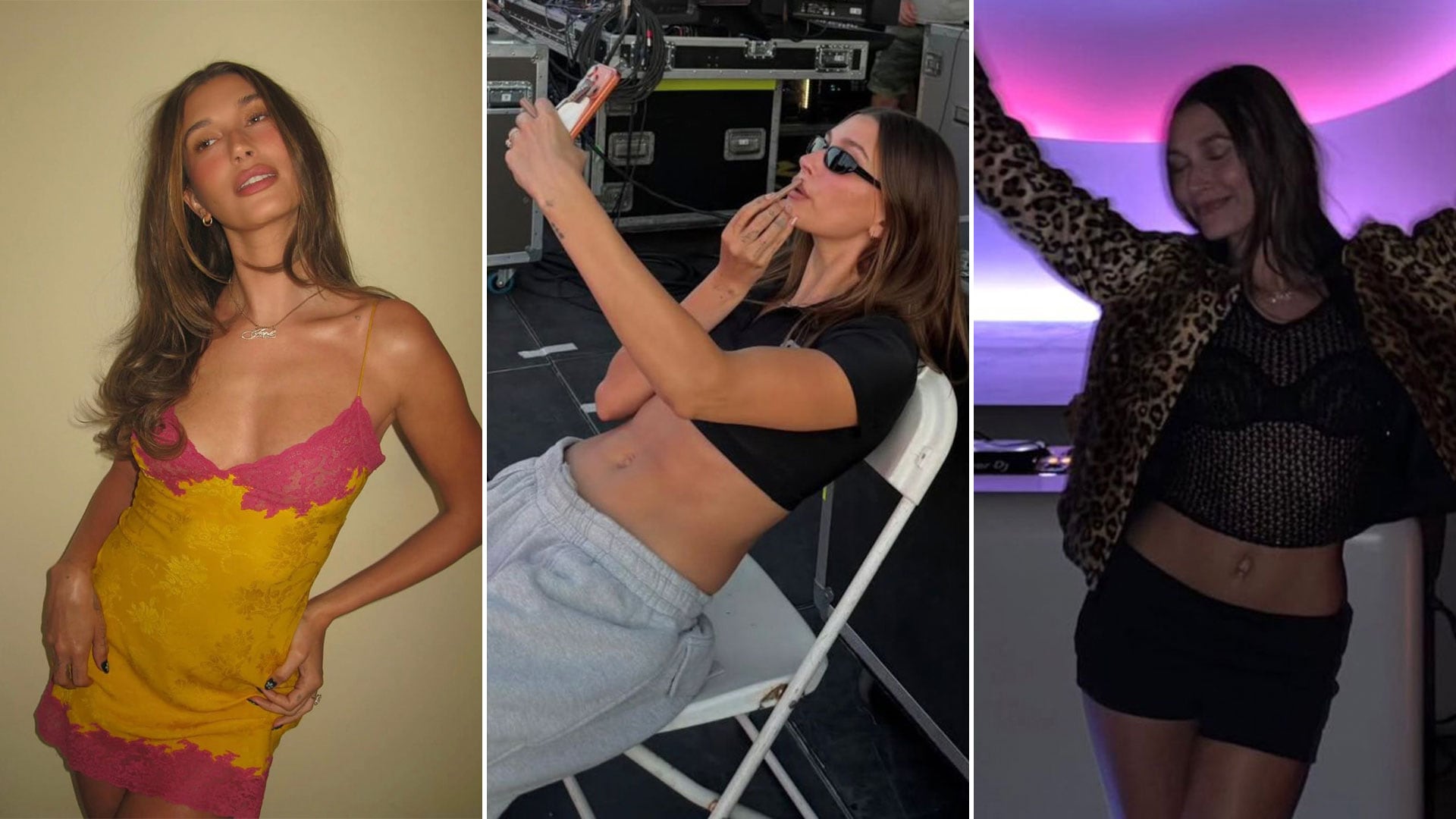 Hailey Bieber sorprendió con una serie de outfits únicos, desde camisetas gráficas retro hasta vestidos satinados vintage (Instagram: @haileybieber)
