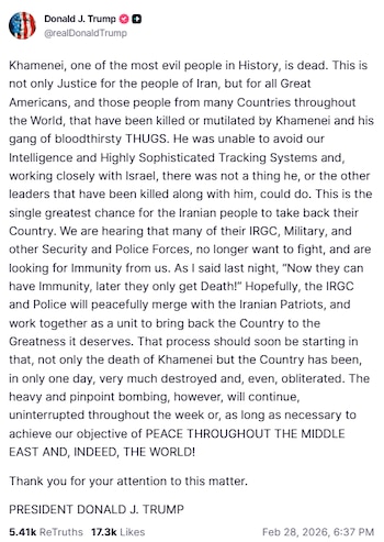 El mensaje publicado por Trump