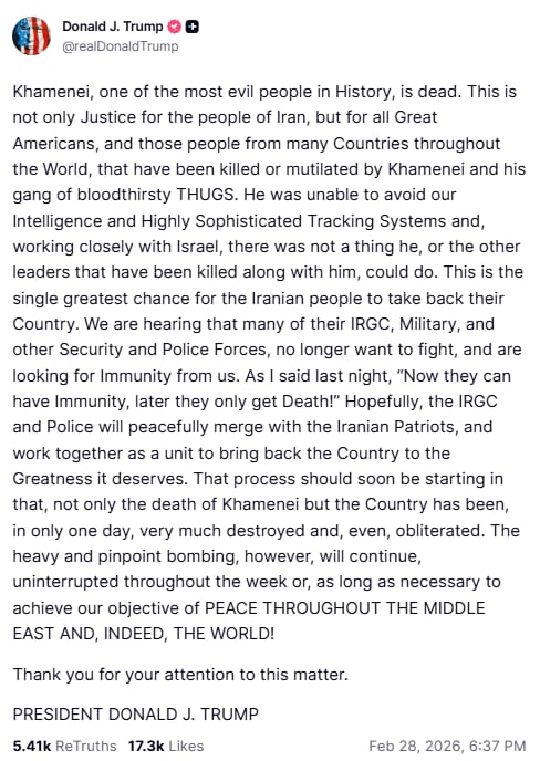 El mensaje publicado por Trump en Truth Social