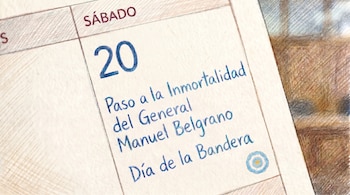 Página de calendario con el 20 de junio marcado como Día de la Bandera y conmemoración de Manuel Belgrano, junto a una escarapela argentina.