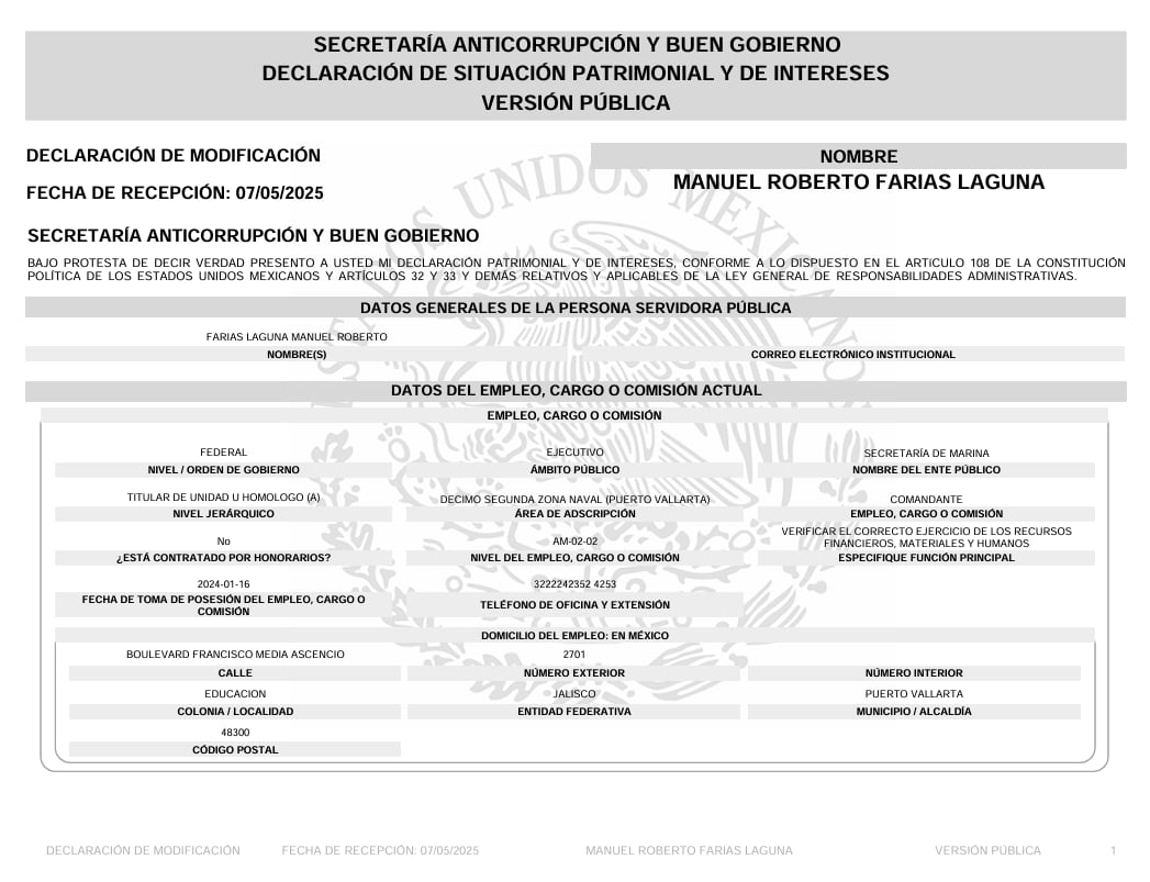 Declaración de Manuel Roberto Farías Laguna. Crédito: DeclaraNet