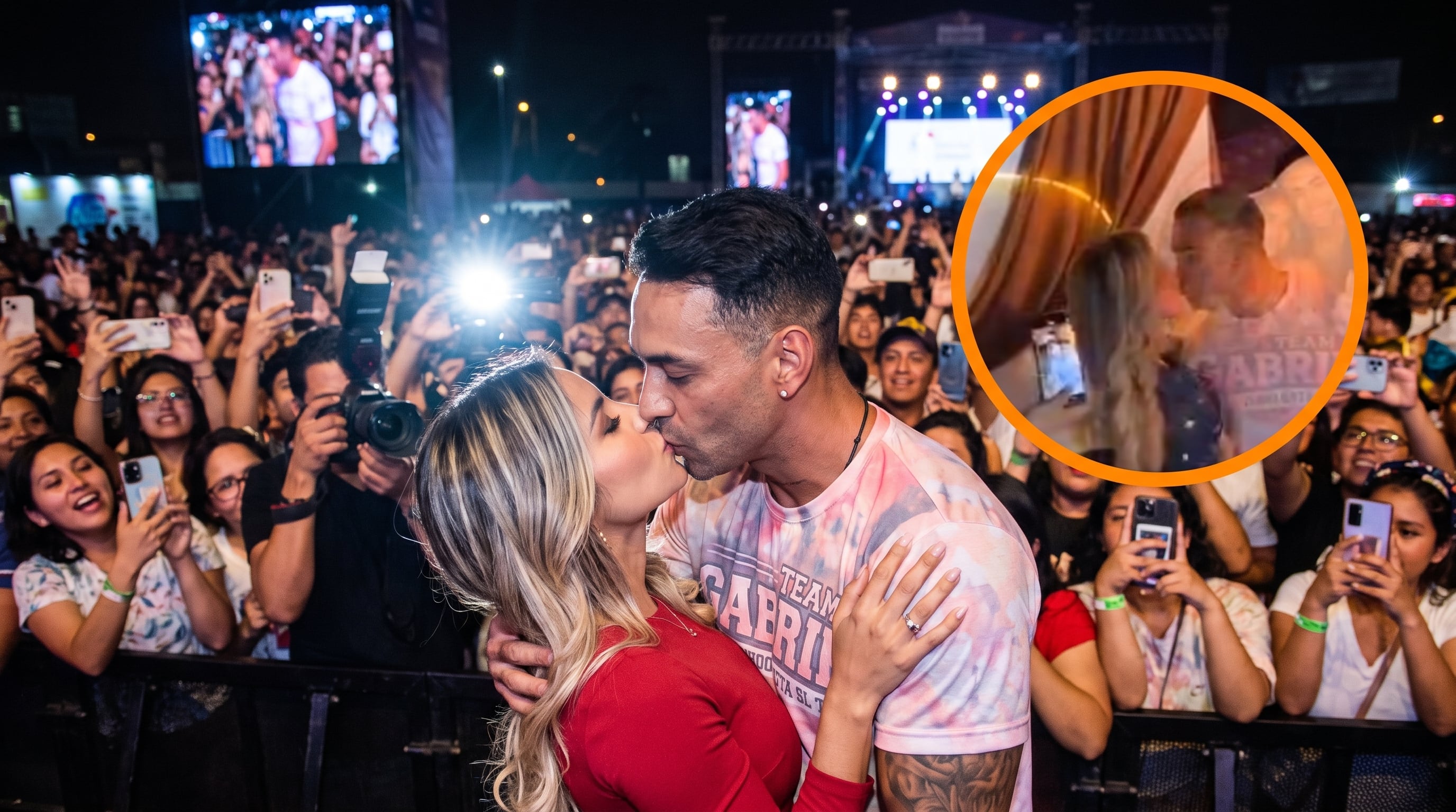 Diego Chávarri y Gabriela Herrera se besan frente a una multitud que los graba con sus teléfonos, y una imagen superpuesta muestra otro momento de la pareja. (Imagen Ilustrativa Infobae)