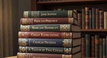 Pila de primeras ediciones de libros de autores como Jane Austen y Charles Dickens, con detalles dorados en las portadas, frente a una estantería de madera.
