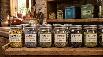 Frascos de vidrio etiquetados con nombres de hierbas como manzanilla y lavanda junto con fechas de 2026 sobre un estante de madera.