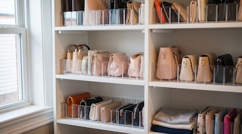 Armario blanco con estantes llenos de bolsos de cuero en tonos pastel y neutros, organizados con divisores transparentes. Ropa doblada y una ventana a la izquierda.