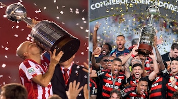 Dos fotografías contiguas muestran a un futbolista que besa un trofeo y a varios jugadores levantando la misma copa entre papeles picados.