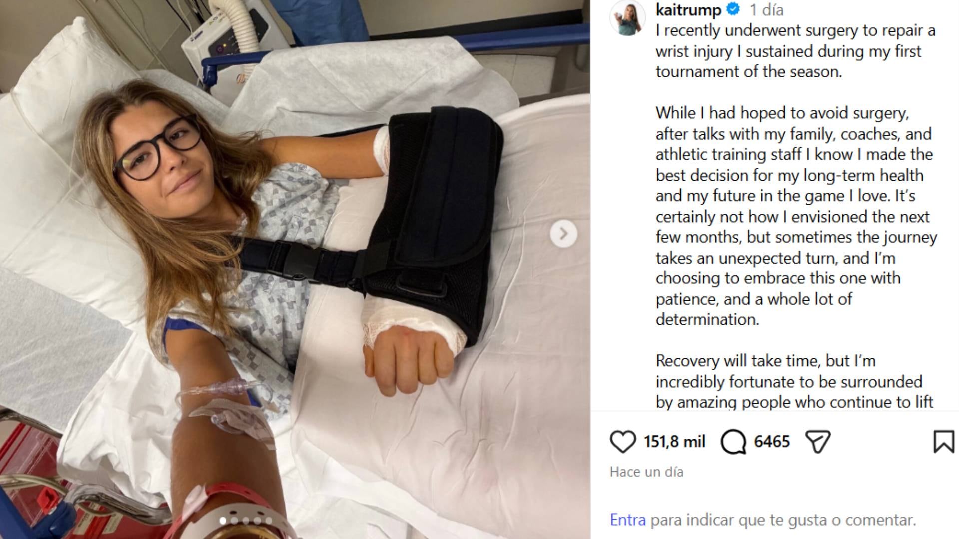 Kai Trump reposa en una cama de hospital tras someterse a una cirugía para tratar una lesión de muñeca sufrida durante un torneo deportivo. (Kai Trump )