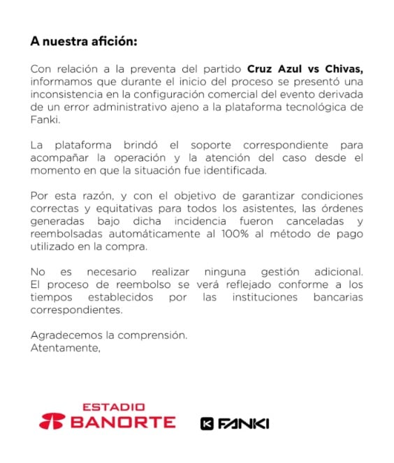 El Estadio Banorte emite un comunicado oficial explicando fallas técnicas en la plataforma Fanki durante la preventa del partido Cruz Azul vs Chivas, resultando en la cancelación y reembolso del 100% de las órdenes afectadas. (Estadio Banorte)