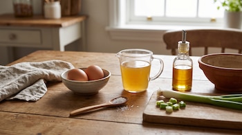 Dos huevos en un tazón, una jarra con caldo, una cuchara con sal, una botella de aceite y cebolleta troceada sobre una tabla de madera.