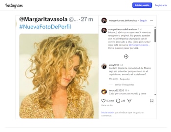 La actriz y escritora colombiana abre un perfil alternativo denominado @margaritavasola en Instagram para retomar su actividad digital - crédito @margaritaroisa.defrancisco/Instagram
