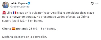 Este es el anuncio del periodista Julián Capera sobre le posible traspaso de Yaser Asprilla al Lille del fútbol de Francia - crédito @JulianCaperaB/X