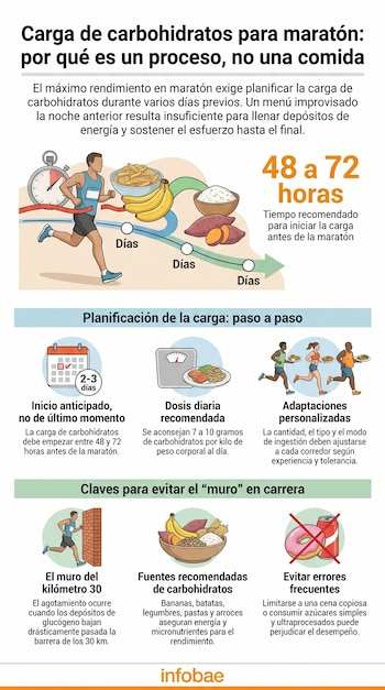 Infografía sobre carga de carbohidratos para maratón, con un corredor, temporizador, calendario, balanza y alimentos como pasta, plátanos, arroz y batatas.
