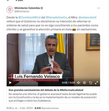Ministerio del Interior dice que el jefe de esa cartera comentó que el Gobierno seguirá intentando reformar el sistema de salud - crédito @MinInterior