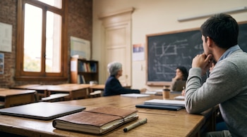 Un cuaderno de cuero y un bolígrafo sobre una mesa de madera en primer plano, con un alumno y un pizarrón al fondo.