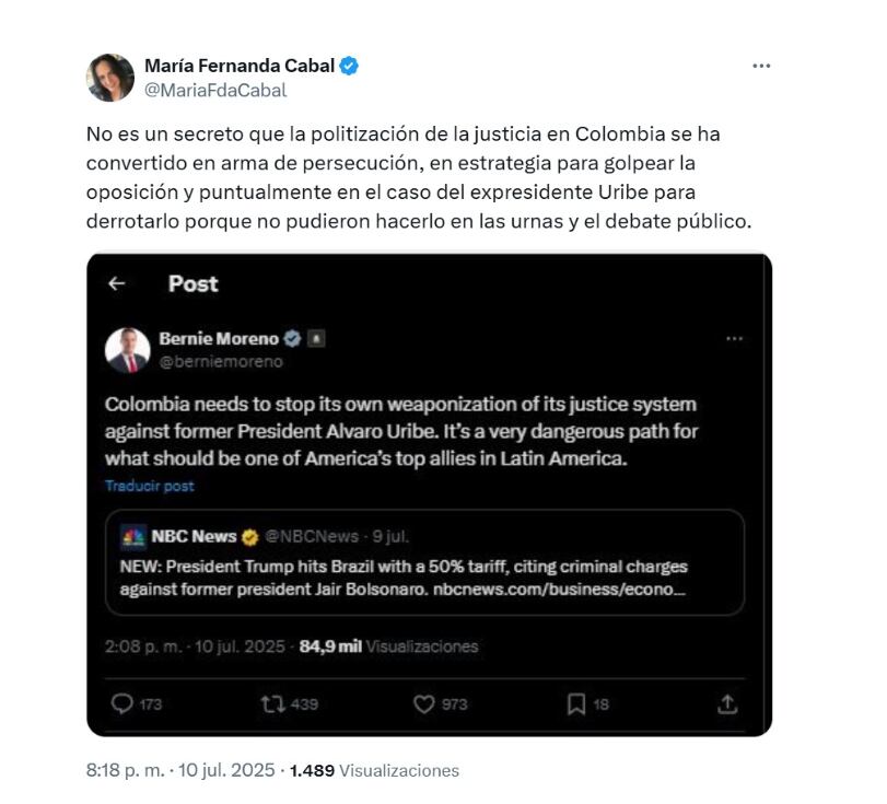 Tras las declaraciones del senador Bernie Moreno, María Fernanda Cabal afirmó que el juicio contra Álvaro Uribe responde a una estrategia política - crédito @MariaFdaCabal/X