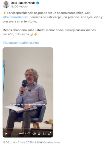 Juan Daniel Oviedo propuso que la vicepresidencia gerencie el proyecto Dignidad Buenaventura - crédito @JDOviedoAr/X