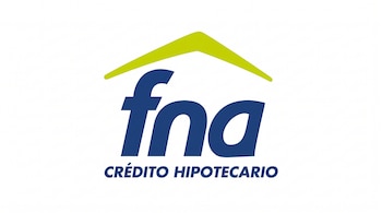 Logotipo con las letras minúsculas fna en azul, una línea verde curvada por encima simulando un techo y la frase Crédito Hipotecario en azul.