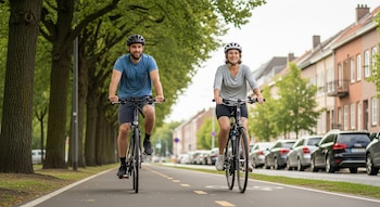 Hombre y mujer montan bicicletas completas en una bicisenda arbolada; llevan cascos y ropa deportiva, sonriendo. Edificios y autos estacionados al fondo.