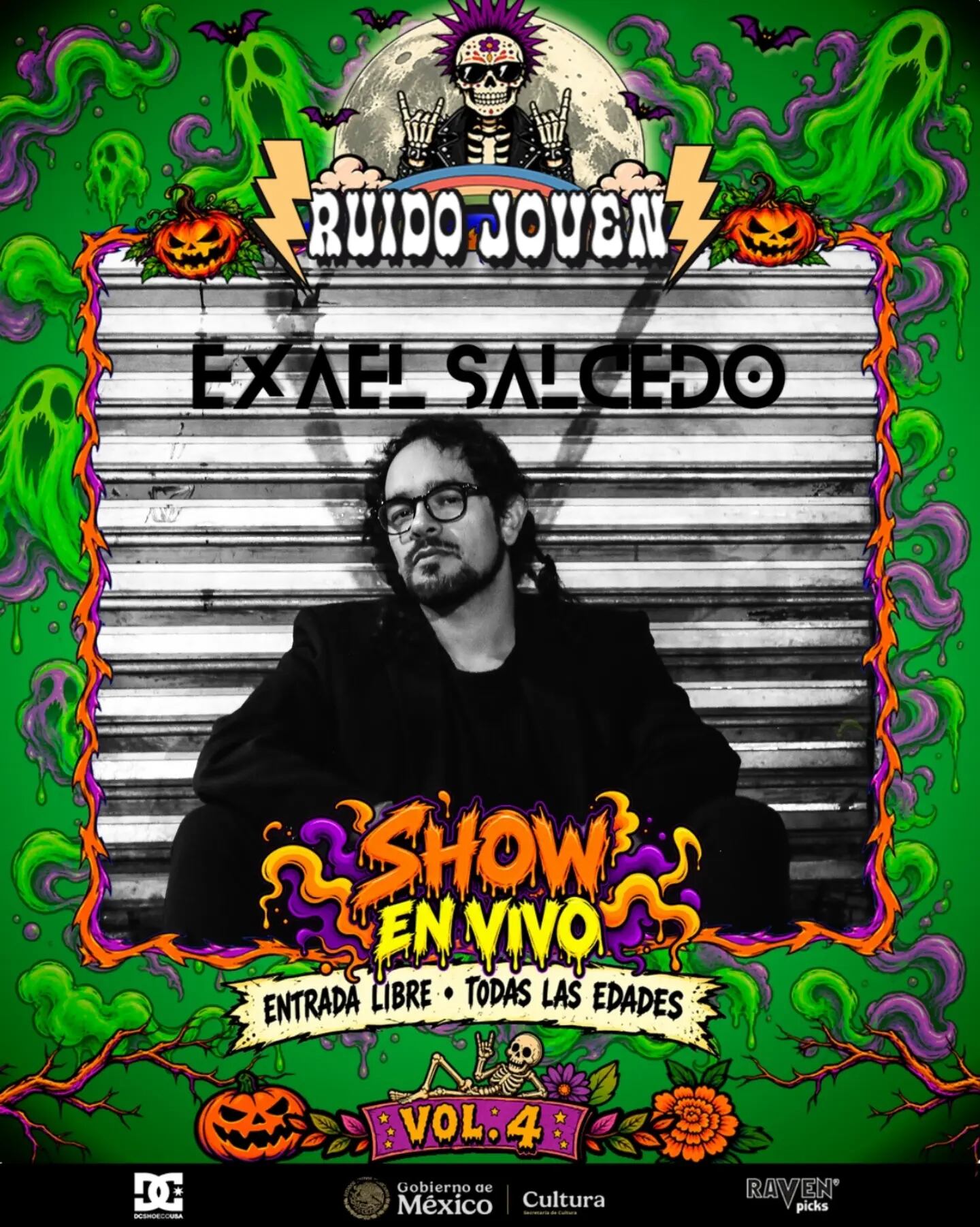 El cartel promocional del festival Ruido Joven Volumen 4 anuncia una presentación en vivo del músico Exael Salcedo en el Parque de Cultura Urbana. (Ruido Joven vol 4 Secretaría de Cultura)