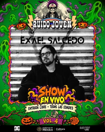 Un cartel verde con elementos ilustrados de Halloween rodea la fotografía en blanco y negro del músico Exael Salcedo