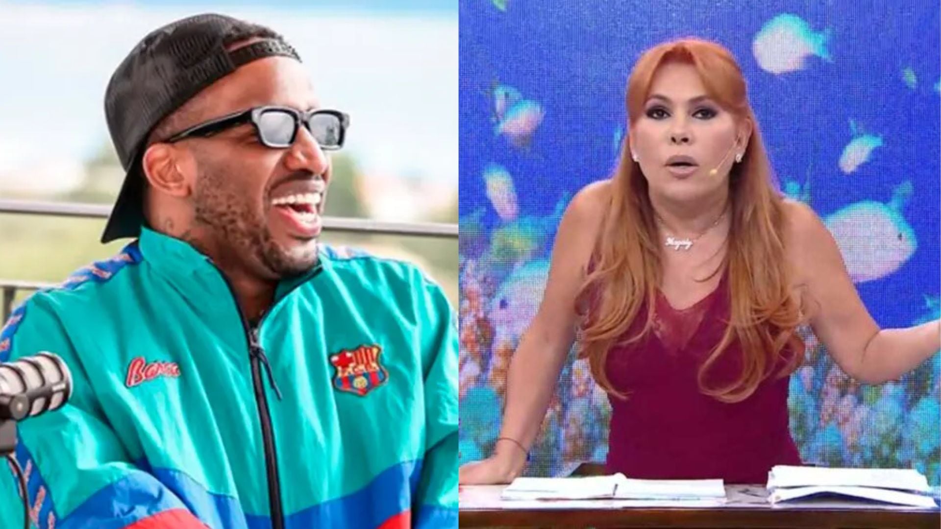 El futbolista Jefferson Farfán se ríe con gafas de sol y gorra mientras Magaly Medina aparece seria en un estudio de televisión, en una imagen que refleja su reciente controversia sobre un juicio pasado.