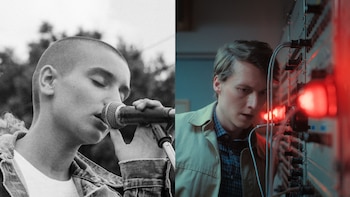 Composición dividida con una persona de cabeza rapada que canta ante un micrófono y un hombre que manipula un panel con cables y luces rojas