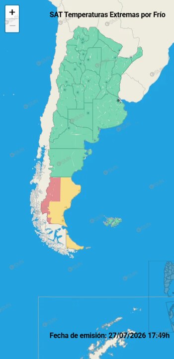Mapa de Argentina con divisiones internas. Texto: SAT Temperaturas Extremas por Frío. Regiones coloreadas en verde, amarillo y rojo. Fecha de emisión: 27/07/2026 17:49h