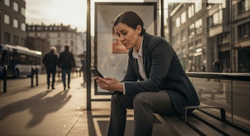 Persona sentada en banco de parada de bus, mirando su celular. Viste ropa de oficina, con fondo urbano borroso y luz de atardecer proyectando sombras.