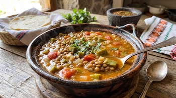 Cazuela de barro con sopa de lentejas, trozos de nopal y jitomate, junto a una cuchara, una canasta con tortillas y un molcajete.
