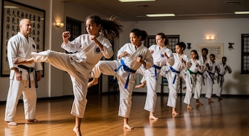 Un grupo de seis jóvenes y un hombre adulto con uniformes de artes marciales en un dojo. Realizan patadas frontales en línea. Un cuadro con caligrafía.